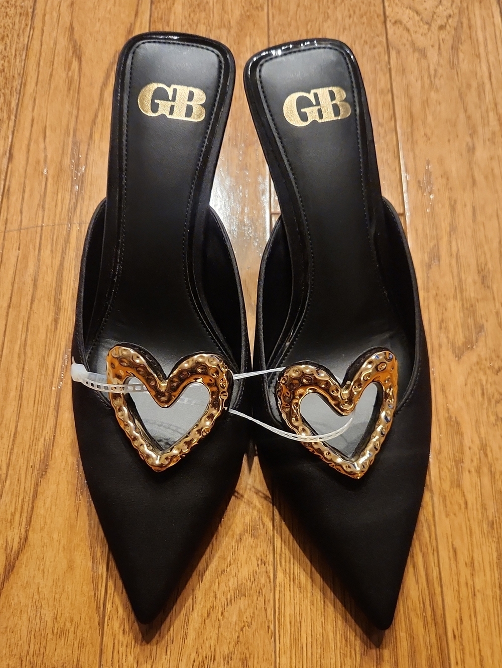Gianni Bini Black Pointed Mules with Gold Heart Trim Size 8
